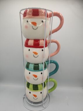 Merry & Bright Snowman Stacked Christmas Holiday 3oz Cups  W/Rack Set of 4